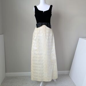 Vintage Black Velvet and Cream Brocade Evening Gown with Bow